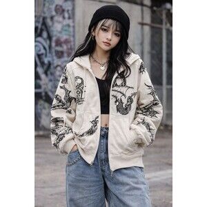 Hurley Womens Medium Hoodie Y2K Full Zip Dragon Asian Black Emo Skater Punk Rock